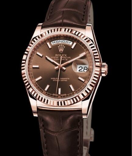 Rolex Watches Oyster Perpetual Day-Date 118135 everose Gold - Chocolate Dial - Alligator Bracelet